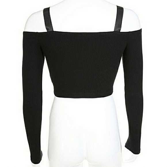 Black Cold Shoulder Ribbed Knitted Crop Top Long Sleeve Streetwear - Picture 10 of 15
